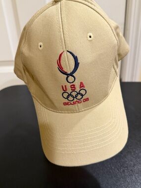 Vintage Beijing China Olympics Beige hat Cap with USA Flag